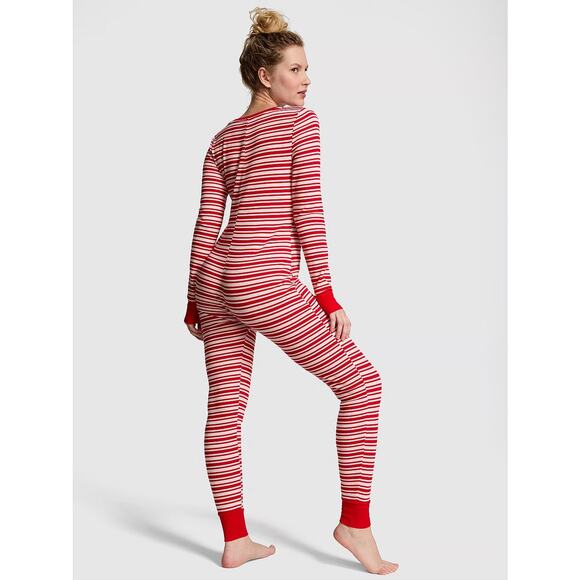 Victoria's Secret PINK Thermal Long Onesie Bright Vermillion Stripes XXL NWT - Picture 2 of 8
